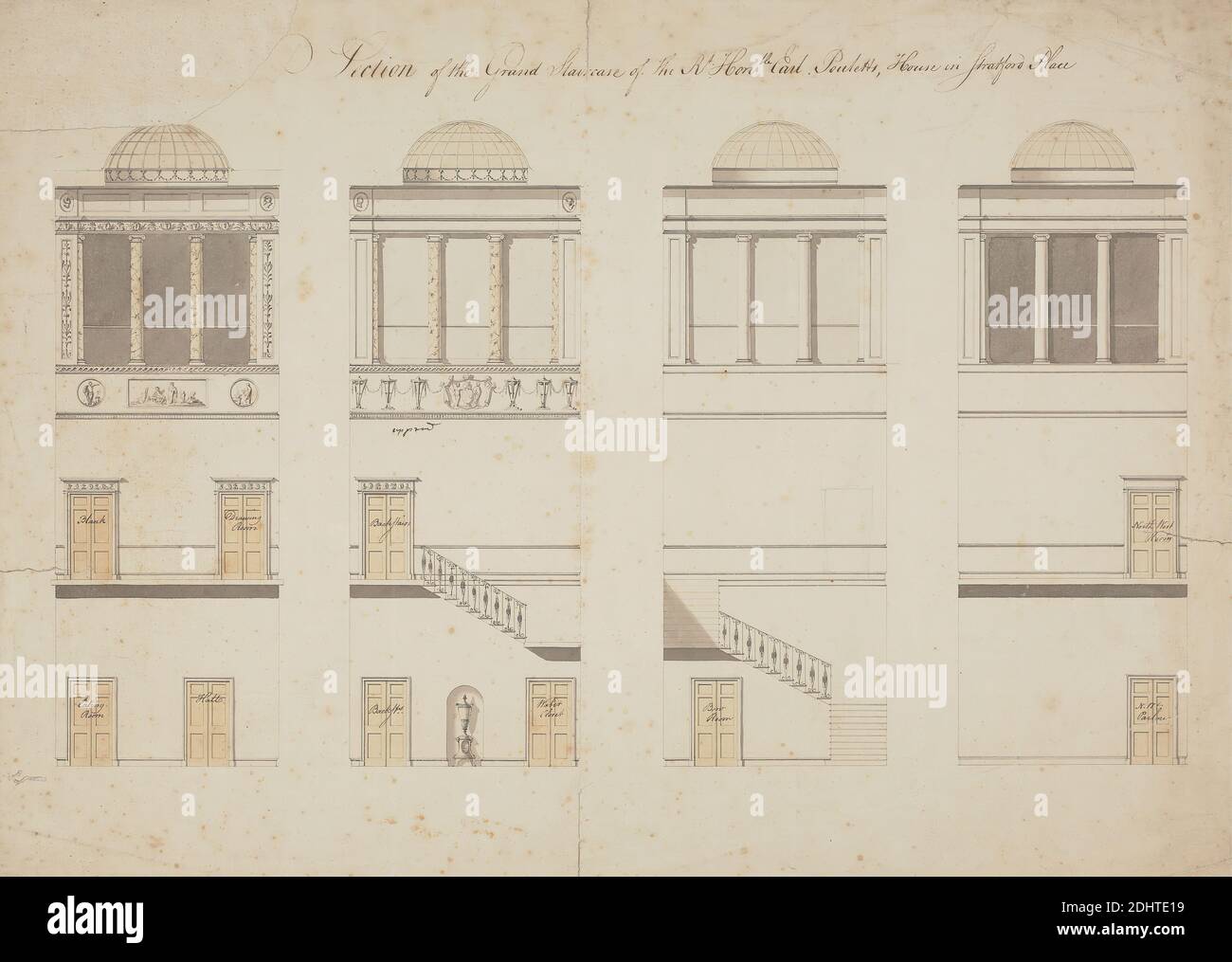 Design per la scala di Stratford Place, James Wyatt, 1746–1813, inglese, non satinato, inchiostro penna e nero, lavaggi gialli e grigi; grafite (verso) su carta leggermente spessa, leggermente testurizzata, crema con una piega, foglio: 16 1/2 x 23 1/8 pollici (41.9 x 58.7 cm), soggetto architettonico, colonne (elementi architettonici), cresta, cupola, salotto, festoni, sale, marmo, stampaggio, neoclassico, salotto, rotonde, scale, scale, urna, armadi d'acqua, Inghilterra, Europa, Londra, Mayfair, Regno Unito Foto Stock Design per la scala di Stratford Place, James Wyatt, 1746–1813, inglese, non satinato, inchiostro penna e nero, lavaggi gialli e grigi; grafite (verso) su carta leggermente spessa, leggermente testurizzata, crema con una piega, foglio: 16 1/2 x 23 1/8 pollici (41.9 x 58.7 cm), soggetto architettonico, colonne (elementi architettonici), cresta, cupola, salotto, festoni, sale, marmo, stampaggio, neoclassico, salotto, rotonde, scale, scale, urna, armadi d'acqua, Inghilterra, Europa, Londra, Mayfair, Regno Unito Foto Stock