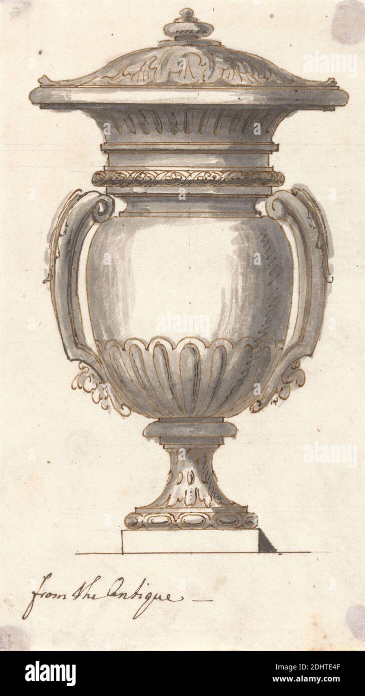 Design for a Vase, Joseph Wilton RA, 1722–1803, inglese, non trattato, lavaggio grigio con inchiostro nero e marrone su carta media, liscia, carta da wove crana, foglio: 6 1/4 × 3 1/2 pollici (15.9 × 8.9 cm), still life, urne, vaso Foto Stock