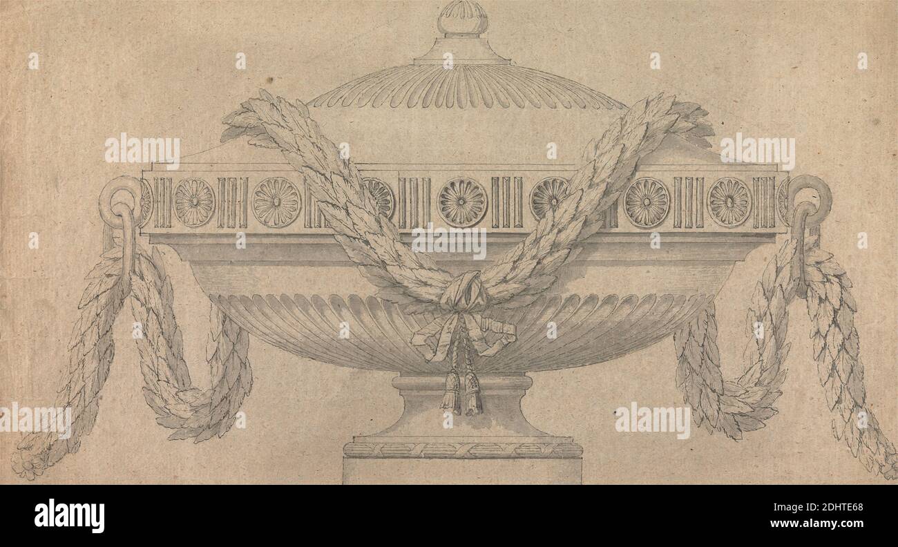 Design for an Urn, Joseph Wilton RA, 1722–1803, inglese, non trattato, grigio lavaggio e grafite con penna e inchiostro nero su carta wove di spessore moderato, ruvida, beige, foglio: 9 × 16 3/4 pollici (22.9 × 42.5 cm), soggetto architettonico Foto Stock
