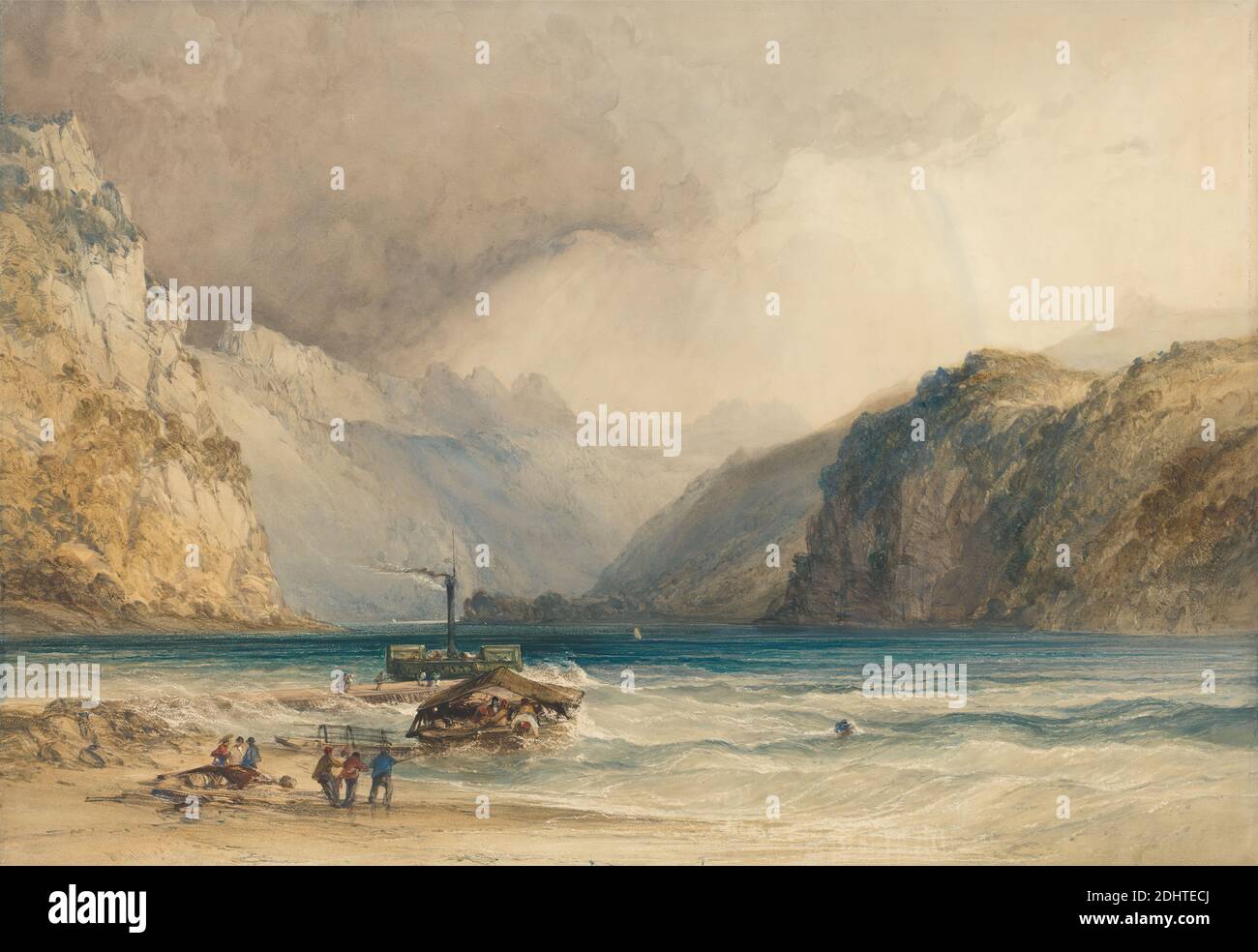 Walenstadt, da Weesen, Svizzera, William Crallow, 1812–1908, inglese, attivo in Francia, 1842, acquerello con penna in inchiostro marrone, grafite, gouache e graffiatura su carta media, leggermente testurizzata, carta di wove crema, foglio: 17 9/16 x 25 7/16 pollici (44.6 x 64.6 cm), barche, scogliere, traghetto, lago, paesaggio, meteorologia, montagne, persone, molo (sbarco marino), arcobaleno, rocce (forme di terra), sabbia, scienza, riva (forma di terra), cielo, vapore, onde (eventi naturali), Europa, San Gallo, Svizzera, Walensee, Walenstadt Foto Stock
