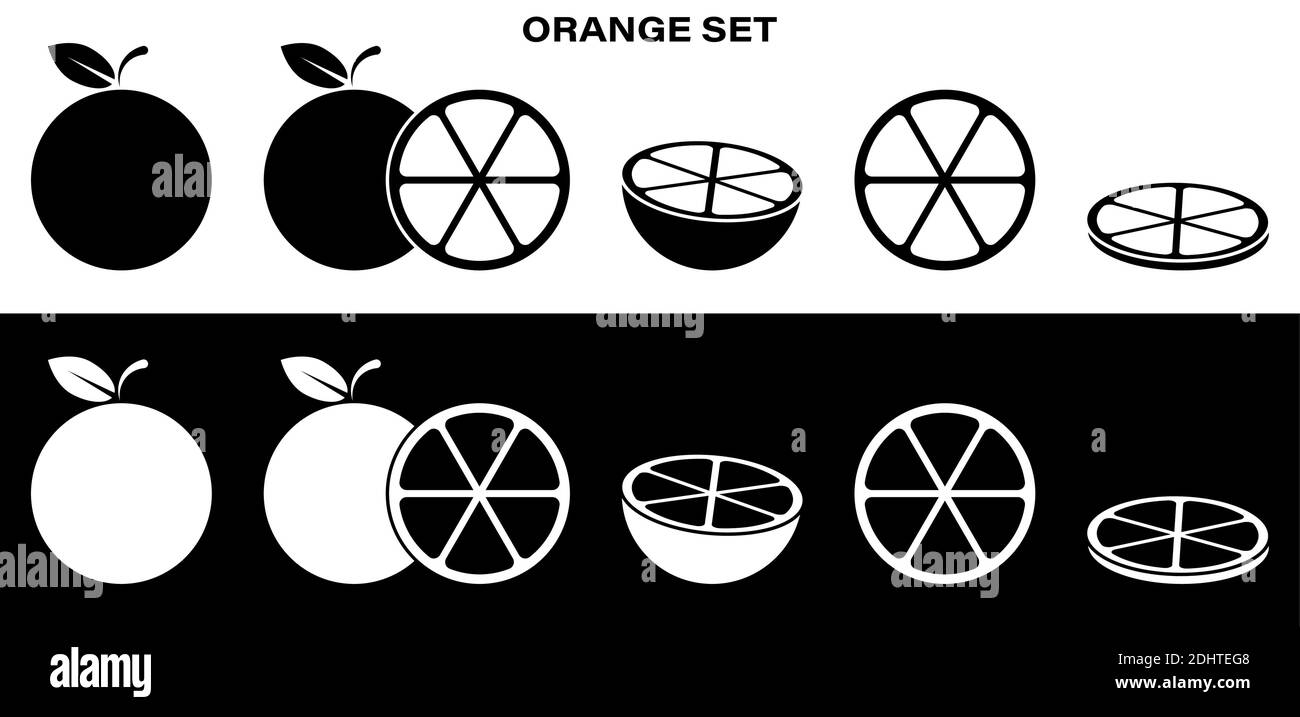 set completo di icone arancio, pompelmo, mandarino. Intero, tagliato, affettare e anello. Parte del design del menu. Vettore in bianco e nero Illustrazione Vettoriale
