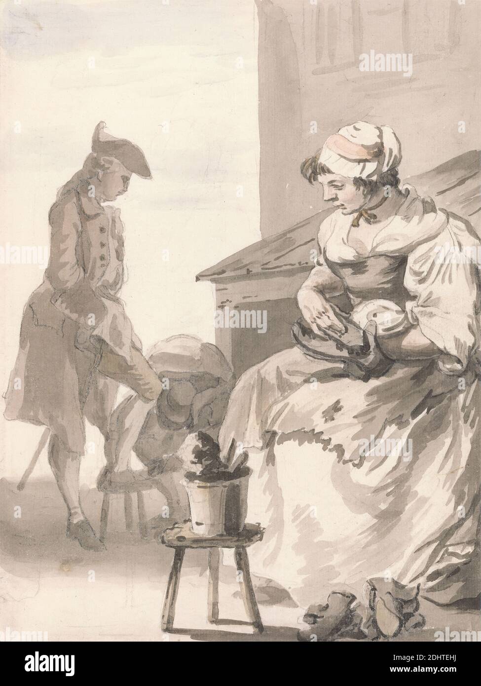 Londinese grida: Shoe Cleaner, Paul Sandby RA, 1731–1809, inglese, ca. 1759, colore grigio, rosa e blu su grafite su carta media, bianca blu, leggermente ruvida, foglio: 3/4 x 15.2 cm (7 19.7 x 6 pollici) e cornice: 20 1/4 × 15 1/4 pollici (51.4 × 38.7 cm), pulitore, pianto, soggetto di genere, uomo, scarpa, donna, classe operaia, Inghilterra, Europa, Londra, Regno Unito Foto Stock