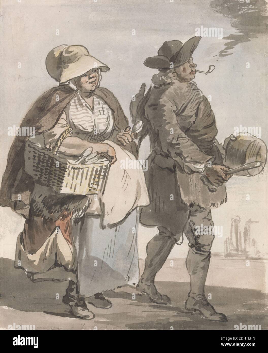 Londra grida: 'Do You Want Any Spoons...', Paul Sandby RA, 1731–1809, inglese, ca. 1759, inchiostro acquerello, penna e marrone e grafite su terreno, crema, carta leggermente testurizzata, foglio: 7 7/8 x 6 1/4 pollici (20 x 15.9 cm), pianti, genere soggetto, uomo, pipe, fumo, cucchiai, donna, classe operaia, Inghilterra, Europa, Londra, Regno Unito Foto Stock