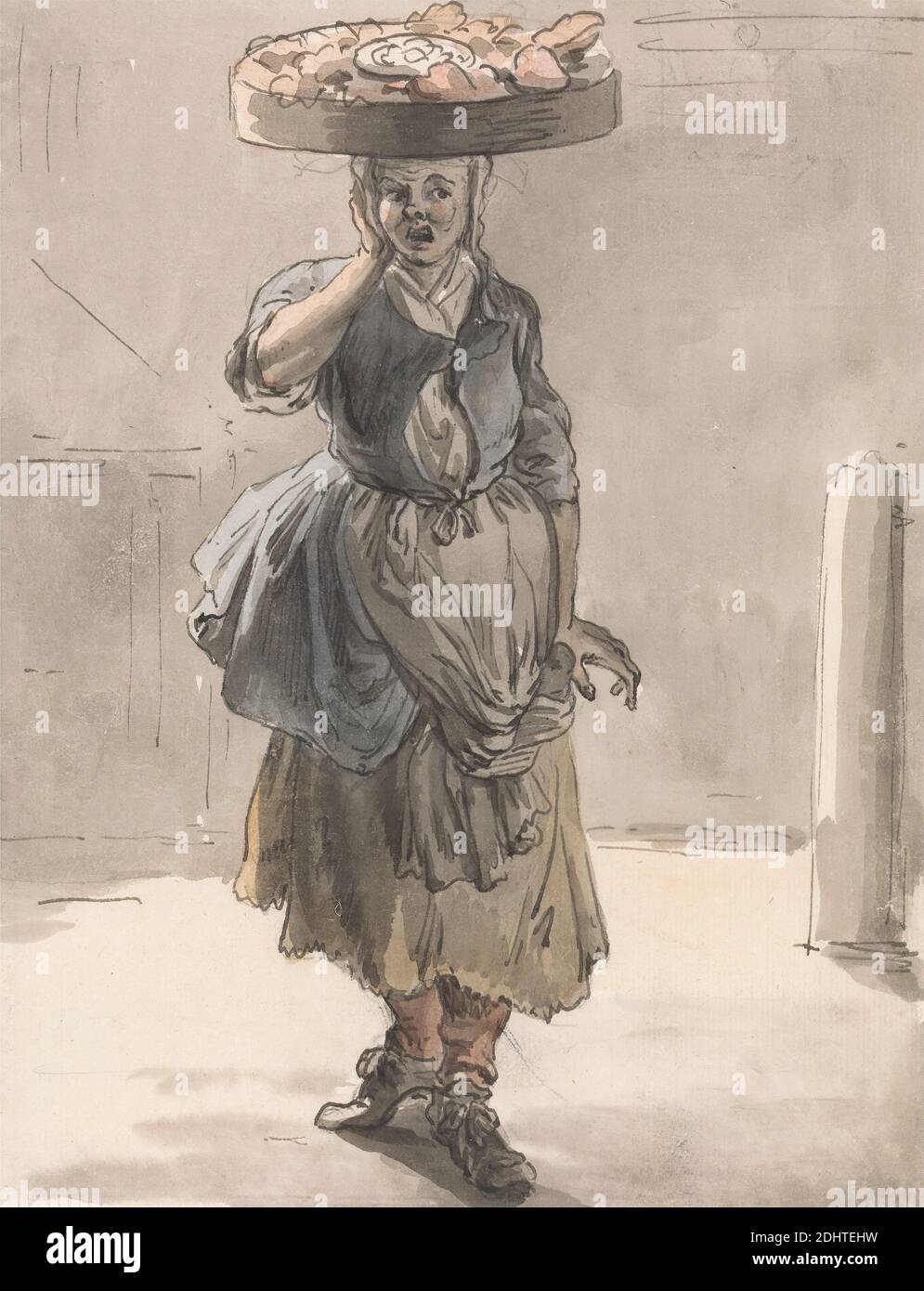 Londra grida: Una ragazza con un cestino sulla sua testa ('Lights for the Cats, Liver for the Dogs'), Paul Sandby RA, 1731–1809, inglese, ca. 1759, acquerello, penna e inchiostro marrone, e grafite su mezzo, crema, carta leggermente testurizzata, foglio: 7 3/4 x 5 7/8 pollici (19.7 x 14.9 cm), cesto, gatto (gatto domestico), pianto, cani (animali), genere soggetto, ragazza, testa, peddlers, ritratto, classe operaia, Inghilterra, Europa, Londra, Regno Unito Foto Stock