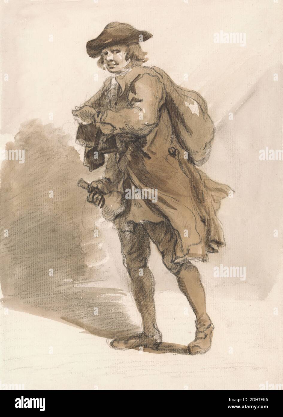 Londra grida: Un uomo con una bottiglia, Paul Sandby RA, 1731–1809, inglese, ca. 1759, marrone lavaggio e gesso nero su medio, crema, carta leggermente testurizzata, foglio: 7 3/4 x 5 5/8 pollici (19.7 x 14.3 cm), bottiglia, pianti, genere soggetto, uomo, peddler, ritratto, classe operaia, classe operaia, Inghilterra, Europa, Londra, Regno Unito Foto Stock