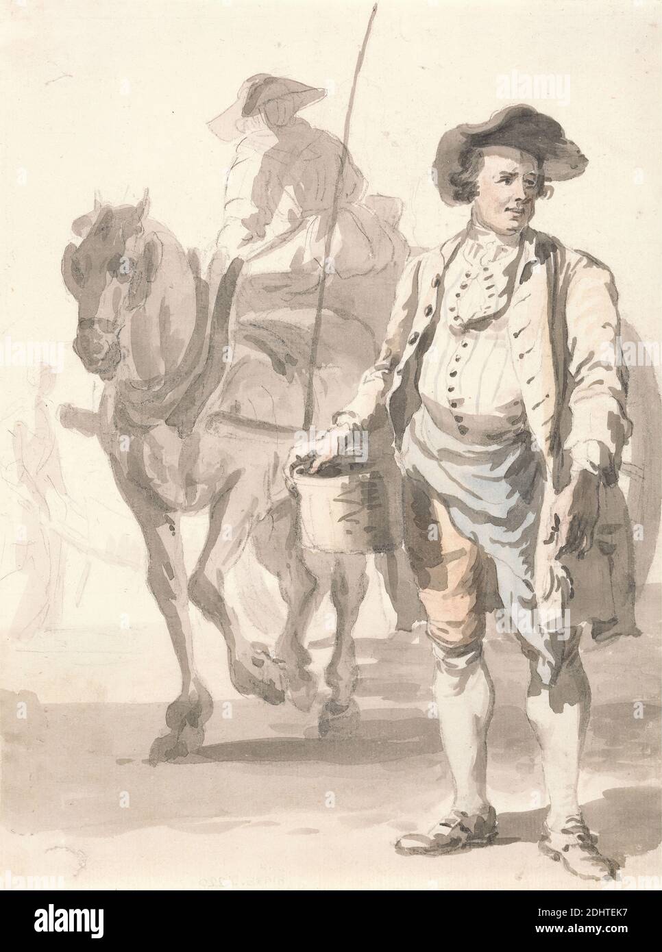 Londra grida: Un Tinker e sua moglie, Paul Sandby RA, 1731–1809, inglese, ca. 1759, Gray wash, grafite, e acquerello su media, crema, carta leggermente testurizzata, foglio: 7 5/8 x 5 5/8 pollici (19.4 x 14.3 cm), secchio, pianto, genere soggetto, cavalli (animali), uomo, tinker, classe operaia, Inghilterra, Europa, Londra, Regno Unito Foto Stock