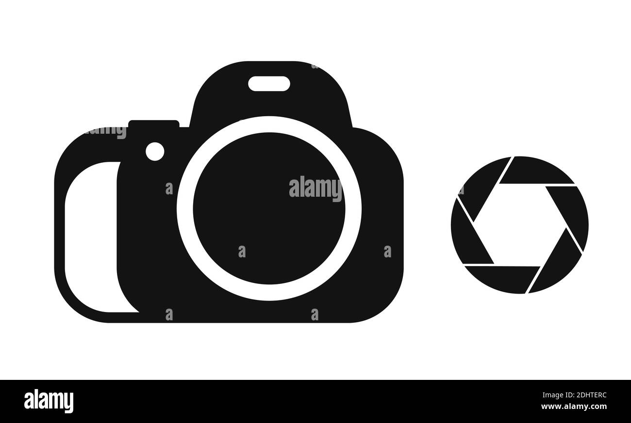 Icona Imposta la fotocamera e l'icona dell'obiettivo. Giornata mondiale della fotografia 19 agosto. Selfie e album fotografici. Vettore su sfondo bianco Illustrazione Vettoriale