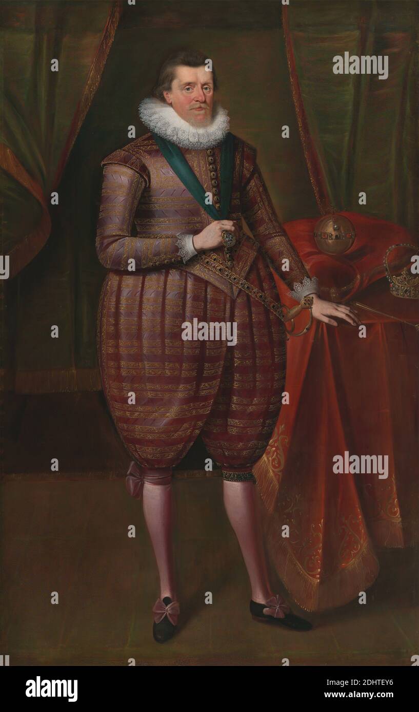 Giacomo i d'Inghilterra (Giacomo VI di Scozia), attribuito a Paul van Somer, ca. 1576–1621, fiammingo, attivo in Gran Bretagna (dal 1616), ca. 1618, olio su tela, supporto (PTG): 86 1/4 × 54 3/4 pollici (219.1 × 139.1 cm), barba, calzoni (pantaloni), broccato, corona (componente costume), tende, doppietta, ricamo, re (persona), pizzo, uomo, baffi, orbe, ritratto, nastro, regalità, ruff, foca, scarpe, calze, spada, Tudor Foto Stock