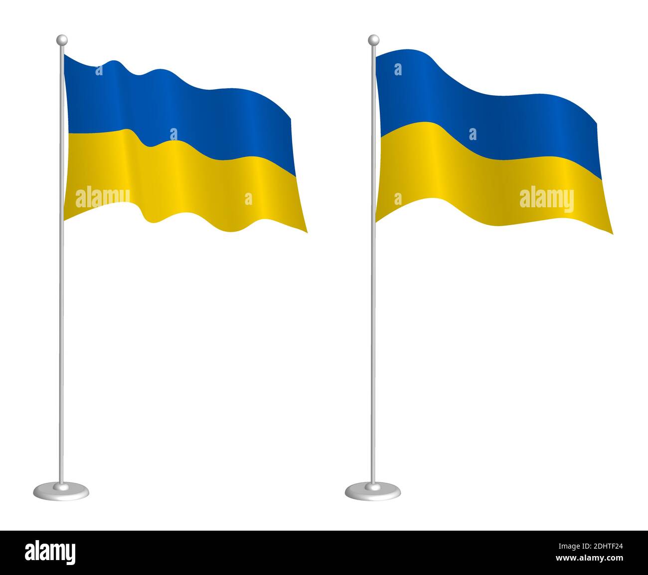 Bandiera Ucraina sul flagpole ondeggiante nel vento. Elemento di design per le vacanze. Punto di verifica per i simboli della mappa. Vettore isolato su sfondo bianco Illustrazione Vettoriale