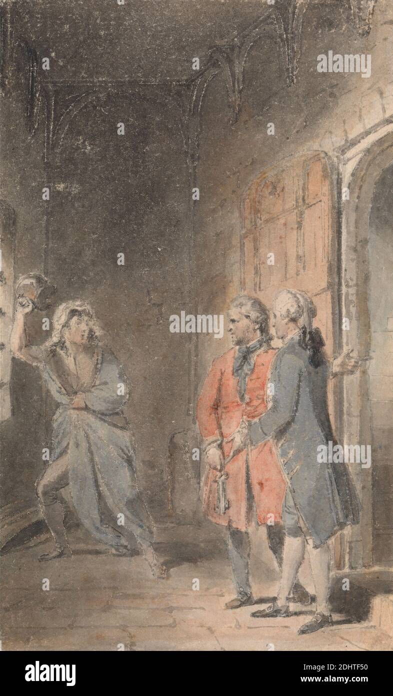 Illustrazione del virtuoso Orphan, Thomas Stothard, 1755–1834, inglese, non satinato, acquerello, penna e inchiostro nero su carta crema leggermente testurizzata e di spessore moderato, foglio: 4 5/8 × 2 7/8 pollici (11.7 × 7.3 cm), cellule, istituzione correttistica, soggetto di genere, prigione, chiavi, tema letterario, orfano, pentola, l'Orfano virtuoso (1742) di Mary Collyer Foto Stock