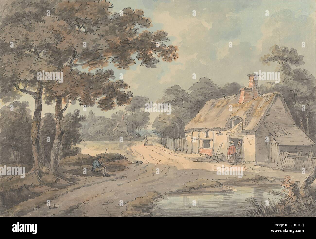 Paese scena: Cottage e figure su una strada tortuosa, Maestro della linea di filo, 18 ° secolo, non satinato, inchiostro nero con acquerello su carta spessa, moderatamente testurizzata, verde-beige, foglio: 10 7/8 x 15 11/16 pollici (27.7 x 39.9 cm), camini, chiodi di garofano, cottage, recinzione, genere soggetto, cappelli, paesaggio, uomini, percorso, contadini, stagno, alberi, camminare, donne Foto Stock