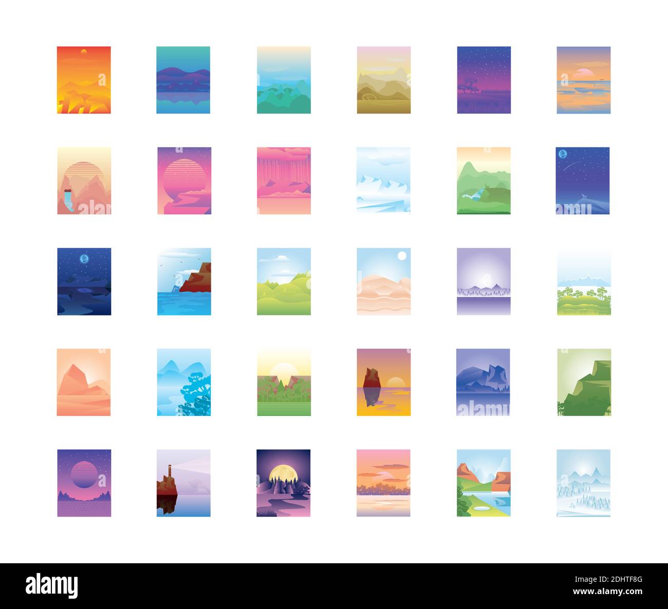 insieme di paesaggi di montagna, alberi di foresta alba tramonto mattina notte montagna e laghetto illustrazione vettoriale Illustrazione Vettoriale