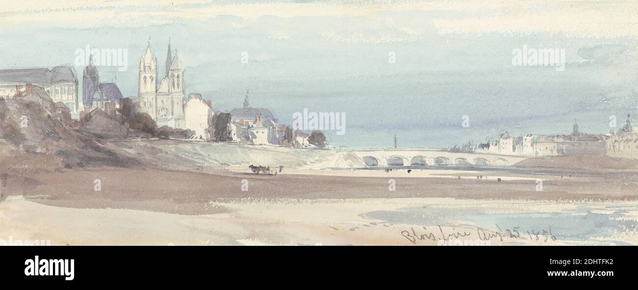 Blois on the Loire, William Crallow, 1812–1908, British, attivo in Francia, 1856, acquerello su grafite su crema, moderatamente spessa, moderatamente testurizzata, carta di wove, foglio: 5 5/16 x 13 3/8 pollici (13.5 x 34 cm), soggetto architettonico, ponte (opera costruita), edifici, chiesa, paesaggio urbano, paesaggio, fiume, fiume, riva (forma di terra), Blois, Francia, Loira Foto Stock