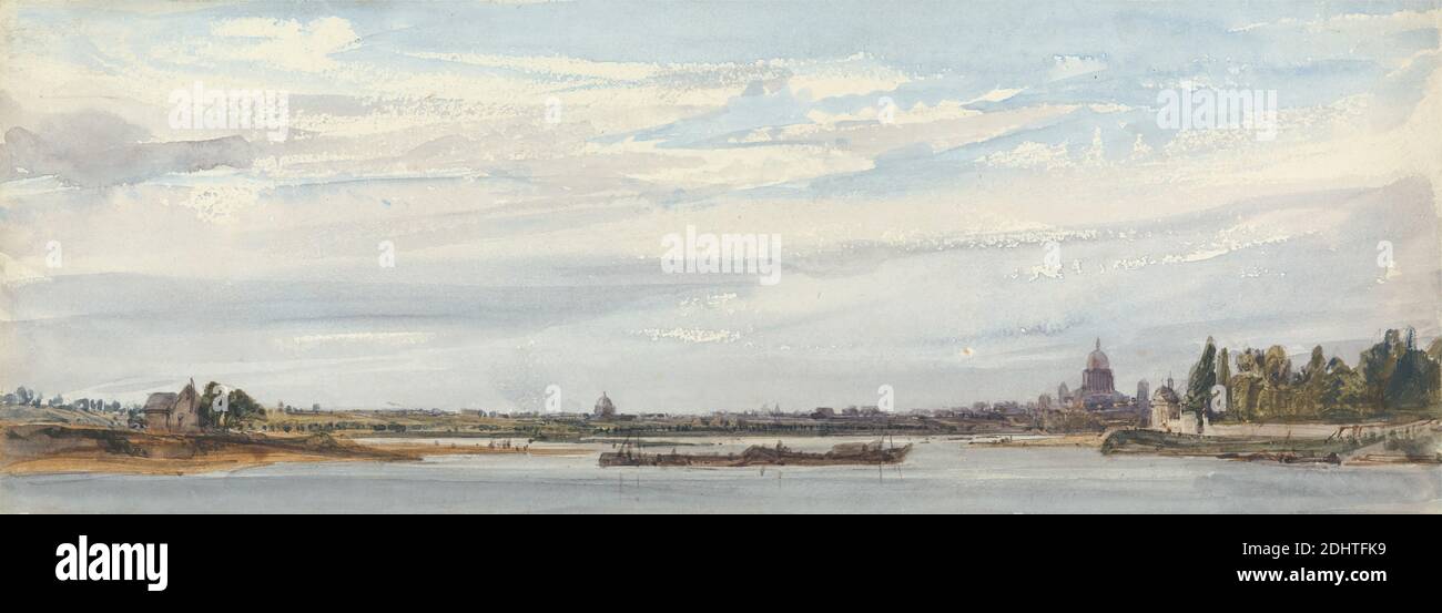 Vista di Parigi da Charenton, William Crallow, 1812–1908, britannico, attivo in Francia, 1834, acquerello su media, leggermente testurizzato, carta di wove crema, foglio: 4 5/8 × 13 pollici (11.7 × 33 cm), barche, edifici, paesaggio urbano, nuvole, paesaggio, fiume, cielo, alberi, Charenton-le-Pont, Europa, Francia, Parigi, Senna Foto Stock