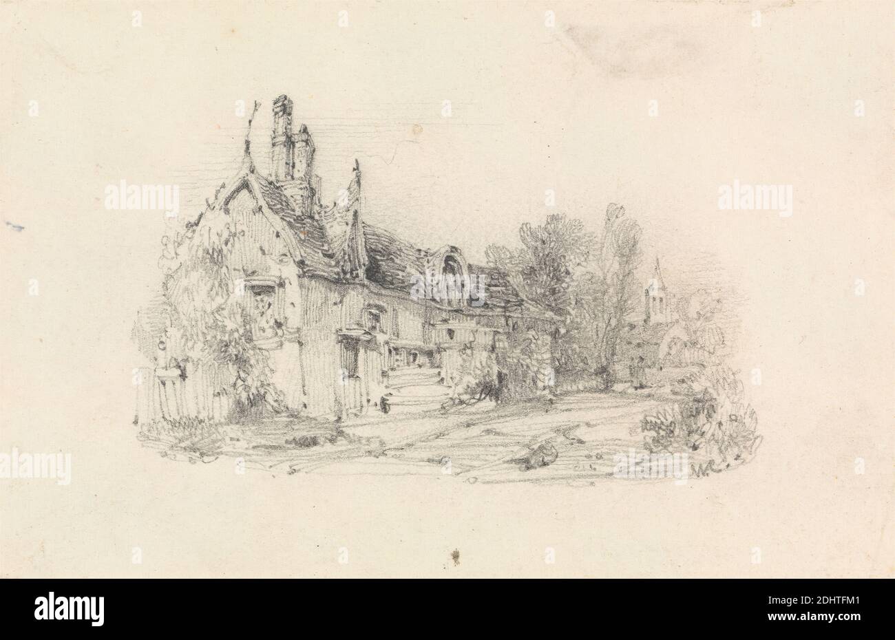 Casa colonica con chiesa a distanza, William Crallow, 1812–1908, inglese, attivo in Francia, non satinato, grafite su media, leggermente testurizzata, carta bianca in wove blured, foglio: 3 1/4 x 5 pollici (8.3 x 12.7 cm), soggetto architettonico, camino (elemento architettonico), chiesa, porta, casa colonica, strada, campanile, finestre Foto Stock