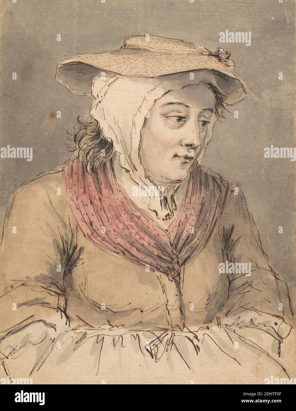 Una Fisherwoman, mani sotto il grembiule, Louis Philippe Boitard, attivo 1734–1760, non satinato, penna e inchiostro nero, e acquerello su carta media, leggermente testurizzata, beige posata montata su carta media, leggermente testurizzata, crema posata, foglio: 6 1/2 × 5 pollici (16.5 × 12.7 cm), grembiule, studio figura, pescatrice, sguardo, cappello, donna Foto Stock