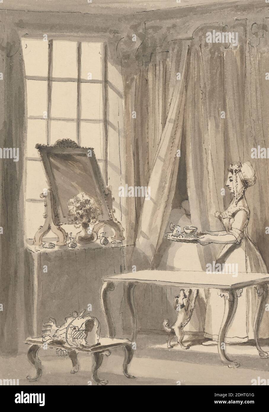 Hogarth ha fatto colazione e invia una tazza a sua moglie allo stesso tempo ordinare il cane piccolo per essere ammesso alla sua camera da letto di Mistress, John Thomas Smith, 1766–1833, British, 1817, penna e inchiostro nero, inchiostro marrone, lavaggio marrone, lavaggio grigio, E grafite su carta wove di spessore moderato, leggermente testurizzata, beige, foglio: 12 7/8 × 9 3/4 pollici (32.7 × 24.8 cm) e immagine: 7 5/8 × 5 1/2 pollici (19.4 × 14 cm), letto, colazione, tenda, illustrazione, cane (animale), cibo, mobili, genere soggetto, interno, pasto, specchio, mattina, servo, tavolo, finestra, donna Foto Stock