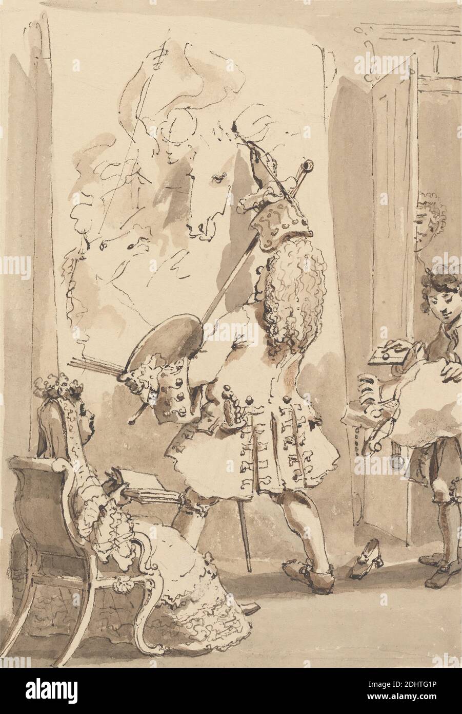 Sir James Thornhill's Boy entra nella sua Master's Painting Room per consegnare il Bundle e una lettera alla presenza di Lady Thornhill, John Thomas Smith, 1766–1833, British, 1817, inchiostro penna e marrone, inchiostro nero, lavaggio marrone, lavaggio grigio e grafite su carta di spessore moderato, testurizzata, beige, wove, foglio: 12 15/16 × 9 5/8 pollici (32.9 × 24.4 cm) e immagine: 7 1/2 × 5 5/16 pollici (19.1 × 13.5 cm), ragazzo, tela, costume, illustrazione, soggetto di genere, moglie Foto Stock