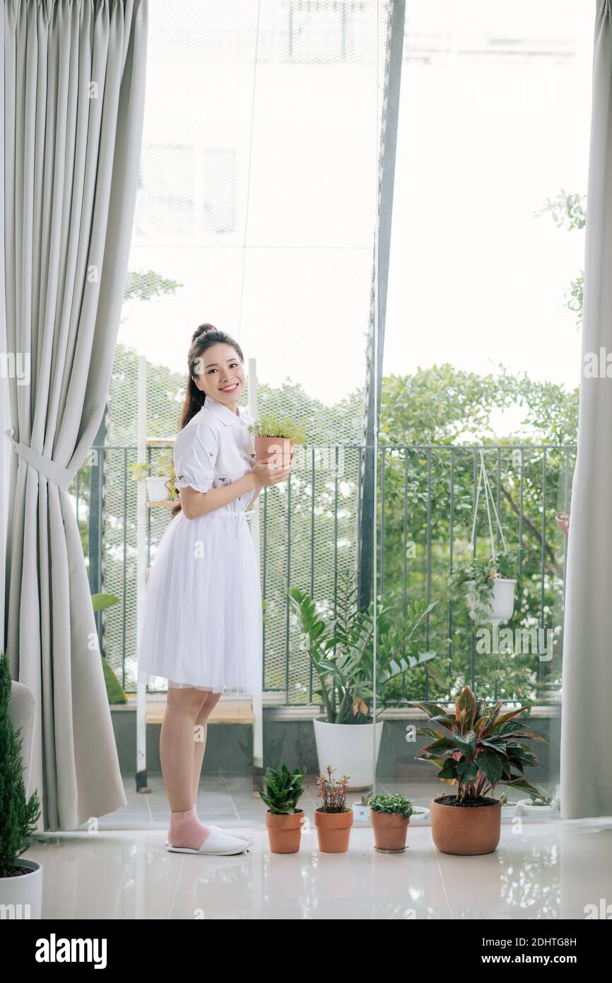 Una bella donna asiatica dai capelli lunghi in un vestito bianco sta mostrando un albero piantato nella sua stanza. Foto Stock