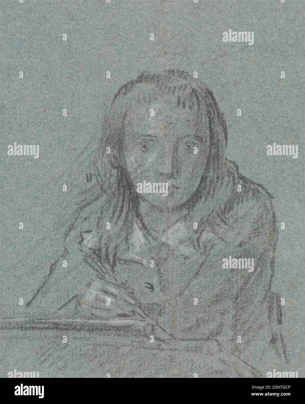 Artist's Son Writing, Benjamin West, 1738–1820, americano, attivo in Gran Bretagna (dal 1763), non satinato, grafite e gesso bianco su carta media, moderatamente testurizzata, blu, foglio: 5 1/4 × 4 1/4 pollici (13.3 × 10.8 cm) e supporto: 8 × 5 1/4 pollici (20.3 × 13.3 cm), ragazzo, studio di figura, ritratto, penna di quill, figlio, scrittura (processi Foto Stock