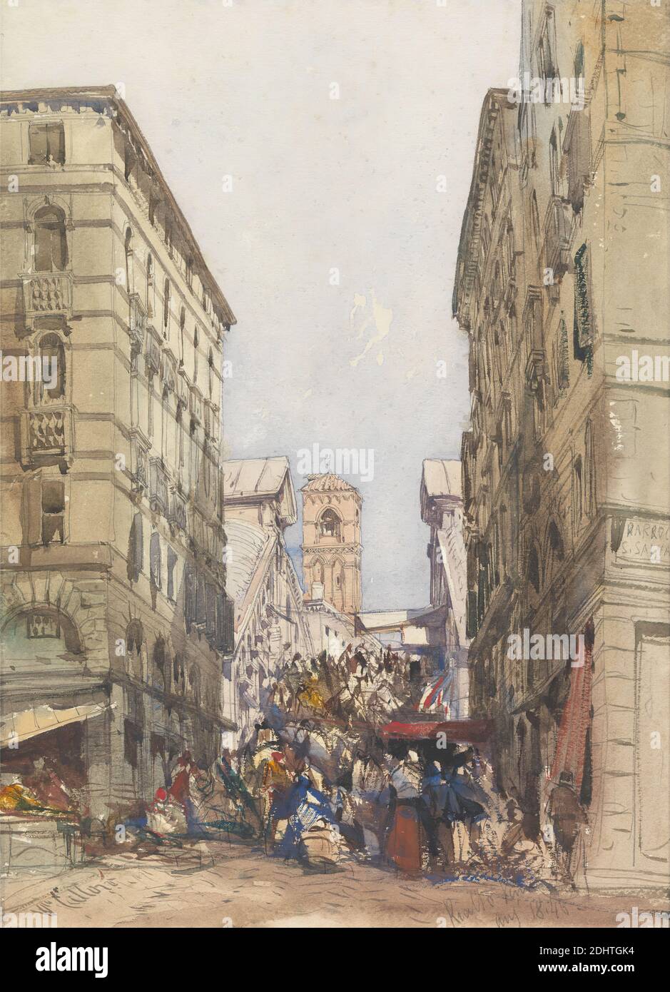 The Rialto, William Crallow, 1812–1908, British, attivo in Francia, 1846, acquerello con penna in marrone e nero, con grafite, e gouache su crema, media, leggermente testurizzata, carta wove, foglio: 14 7/16 x 10 1/2 pollici (36.7 x 26.7 cm), soggetto architettonico, architettura, edifici, chiesa, paesaggio urbano, folla, cielo, pietra, strada, finestre, Italia, Rialto, Venezia Foto Stock