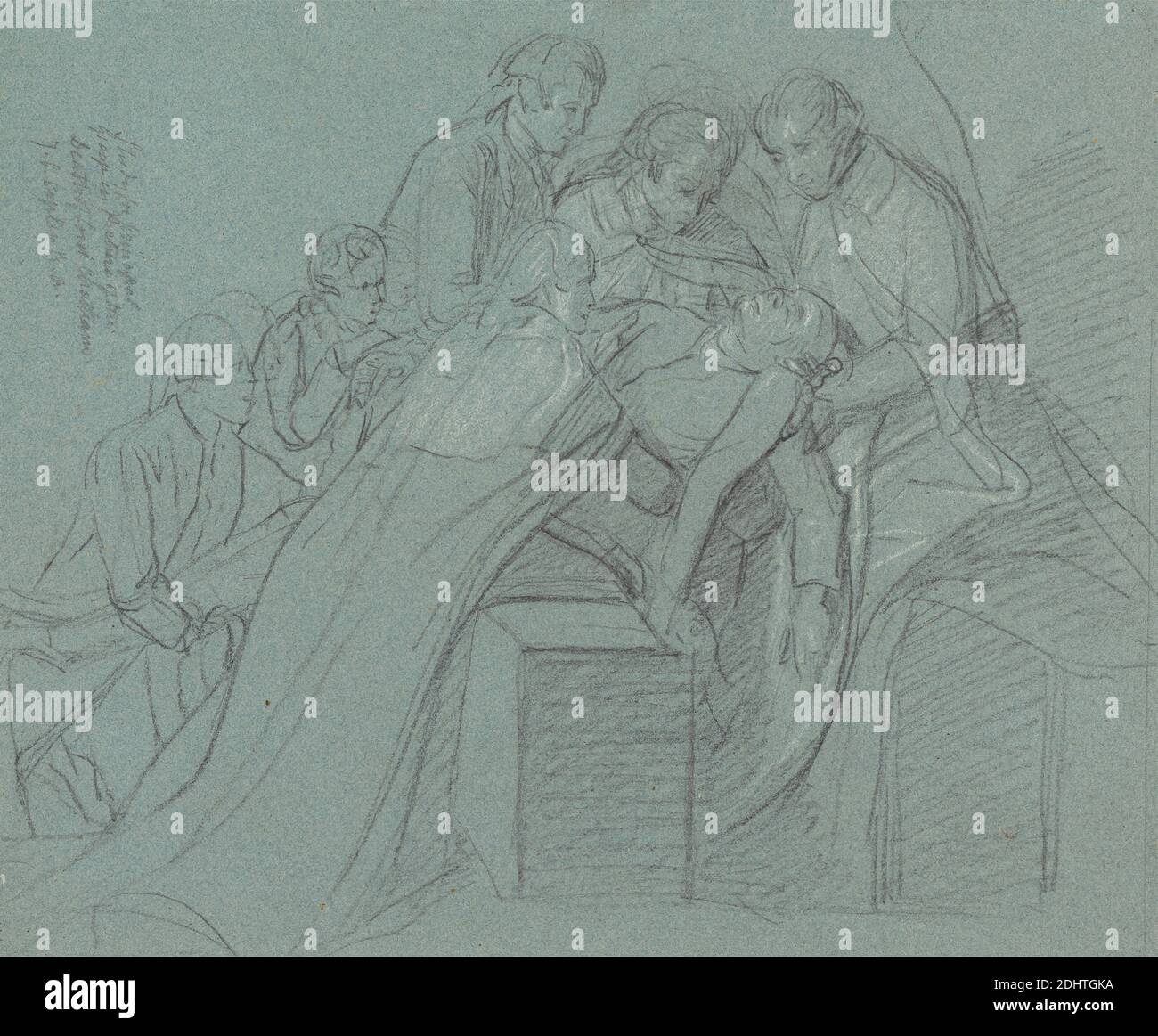 Studio per il gruppo centrale nel "Death of Earl of Chatham", John Singleton Copley, 1738–1815, americano, attivo in Gran Bretagna (dal 1776), 1778, gesso bianco e nero su carta in wove blu di spessore moderato, moderatamente testurizzata, foglio: 10 3/8 x 12 1/2 pollici (26.4 x 31.8 cm), morti, conti, studio delle figure, uomini, nobili, studi (opere visive), guerre Foto Stock