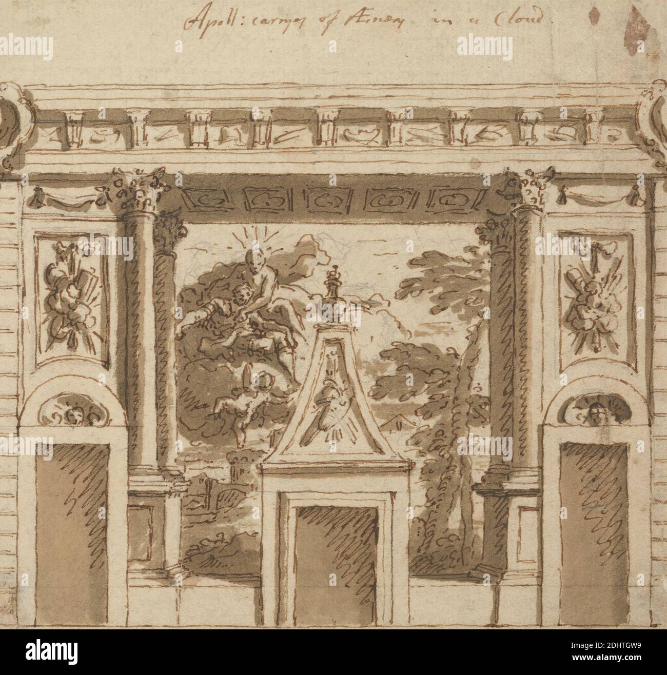 Un progetto per un murale eseguito nel Salon a Roehampton House, Surrey: Apollo che porta via Enea in una nuvola, Sir James Thornhill, 1675–1734, inglese, ca. 1715, penna e inchiostro marrone con lavaggio marrone su grafite su carta media, leggermente testurizzata, beige, foglio: 5 1/2 x 6 pollici (14 x 15.2 cm), soggetto architettonico, nuvole, colonne (elementi architettonici), Corinzi (stile architettonico), design, porte, murales, mitologia, disegni preparatori, soggetto religioso e mitologico, saloni, Inghilterra, Roehampton, Surrey, Regno Unito Foto Stock