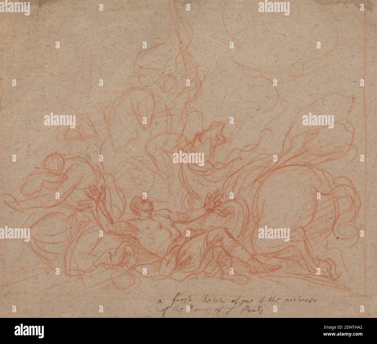 Schizzo per "la conversione di San Paolo" per la cupola della Cattedrale di San Paolo, Sir James Thornhill, 1675–1734, inglese, tra il 1709 e il 1717, gesso rosso su carta sottile, moderatamente testurizzata, marrone, foglio: 9 1/2 × 11 3/4 pollici (24.1 × 29.8 cm), awe, cristianesimo, dipinti di storia, cavalli (animali), studi preparatori, reclinazione, soggetto religioso e mitologico, Inghilterra, Londra, Cattedrale di San Paolo, Regno Unito Foto Stock