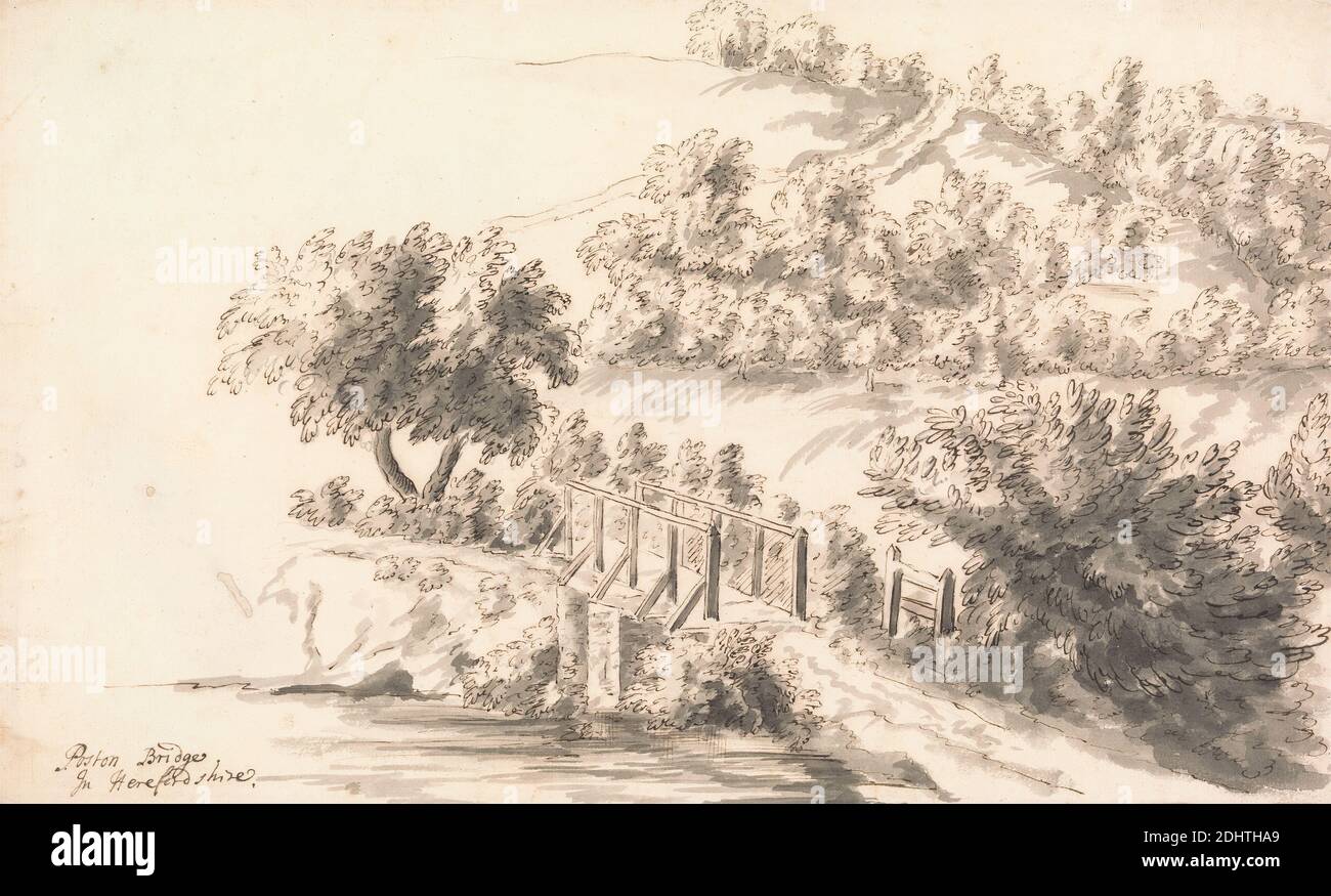 Poston Bridge, Herefordshire, Peter Tillemans, 1684–1734, fiammingo, attivo in Gran Bretagna (dal 1708), non satinato, lavaggio grigio con penna e inchiostro nero su carta media, leggermente testurizzata, carta crema, foglio: 7 1/4 × 11 15/16 pollici (18.4 × 30.3 cm), ponte (lavori costruiti), paesaggio, alberi, Inghilterra, Europa, Herefordshire, Regno Unito Foto Stock