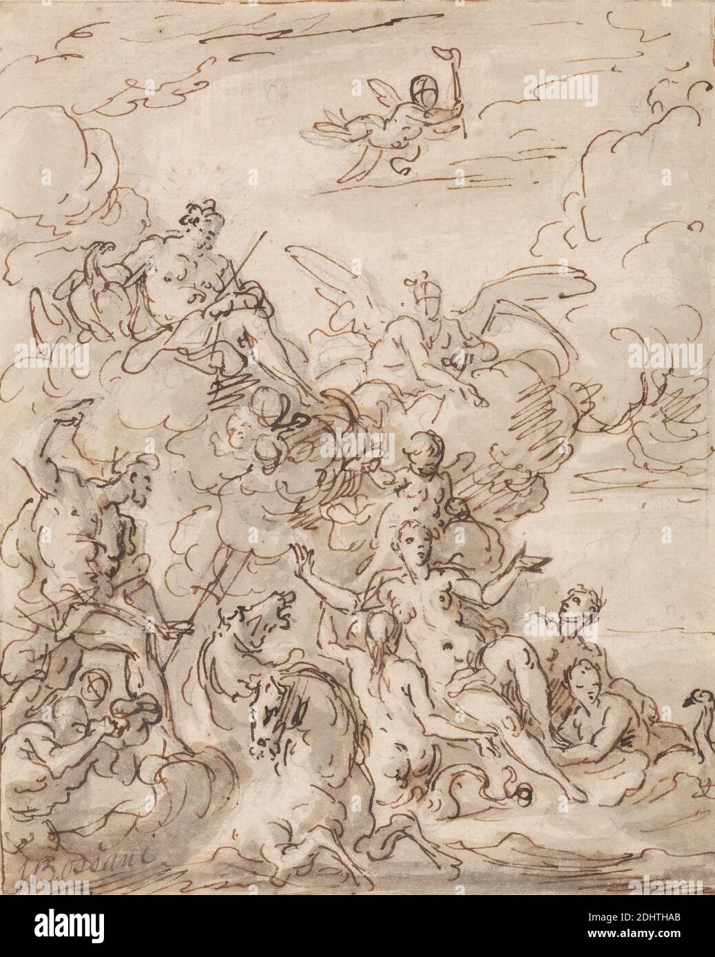 The Birth of Venere, Sir James Thornhill, 1675–1734, British, Undated, Pen, inchiostro marrone, lavaggio grigio su grafite di spessore moderato, liscio, carta crema, foglio: 7 1/4 x 5 7/8". (18.4 x 14,9 cm) e Monte: 8 1/8 x 6 5/8 pollici (20.6 x 16.8 cm), (storia di) Venere (Afrodite), angeli, nascite, nuvole, cupidi, cavalli (animali), mitologia, soggetto religioso e mitologico, mare, ali Foto Stock