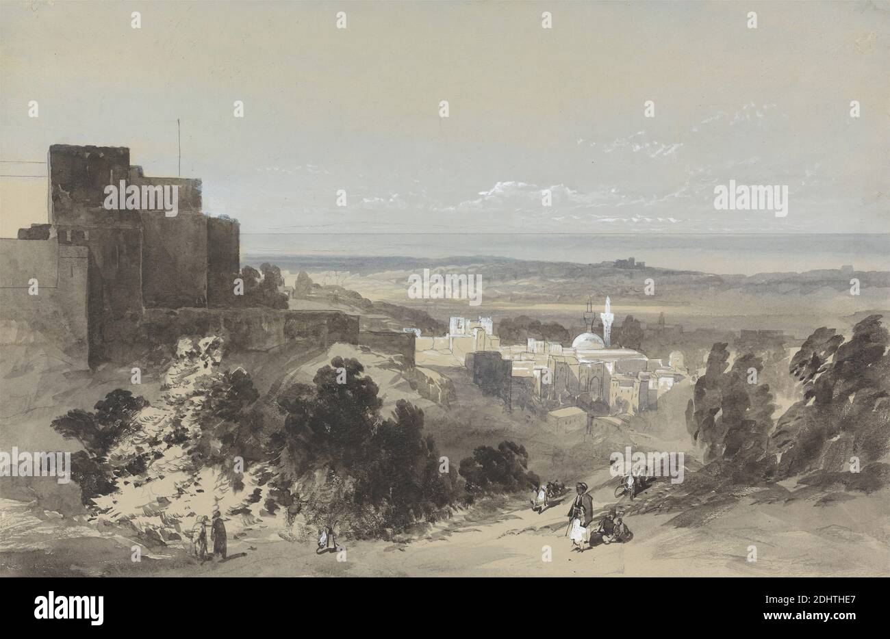 Tripoli, William James Muller, 1812–1845, inglese, ca. 1834, acquerello, grafite, e gouache su carta media, leggermente testurizzata, wove beige, foglio: 10 13/16 x 16 5/8 pollici (27.5 x 42.2 cm), soggetto architettonico, paesaggio urbano, paesaggio, moschea, Africa, Libia, Tripoli Foto Stock