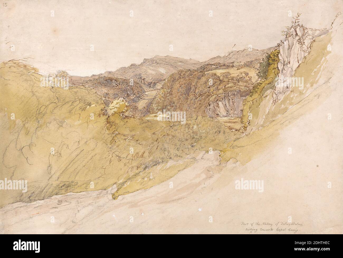 The Valley of Dolwyddelan, Samuel Palmer, 1805–1881, British, attivo in Italia (1837–39), senza data, acquerello, gesso nero, inchiostro penna e marrone, e grafite su carta media, leggermente testurizzata, in wove crema, foglio: 7 5/8 x 11 1/8 pollici (19.4 x 28.3 cm), paesaggio, montagne, valle, Aberconwy e Colwyn, Cymru, Dolwyddelan, Europa, Regno Unito, Galles Foto Stock