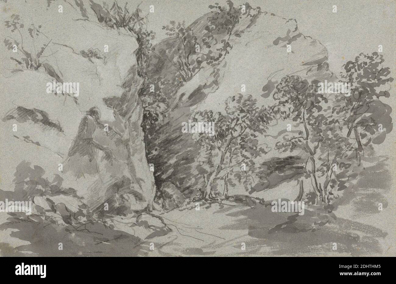 Valley of Gothe, Sir George Howland Beaumont settimo Baronet, 1753–1827, inglese, 1819, gesso nero e lavaggio grigio su medio, moderatamente testurizzato, blu, carta depresso, foglio: 11 3/4 × 18 1/8 pollici (29.8 × 46 cm), paesaggio, rocce (forme di terra), alberi Foto Stock
