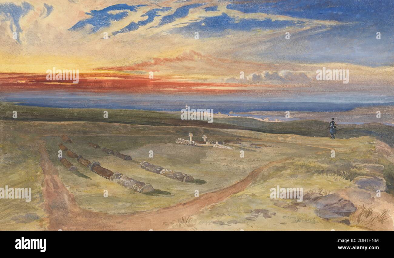 Tombe degli ufficiali nel Fort on Cathcart's Hill, William Simpson, 1823–1899, British, 1854, acquerello e gouache su grafite media, crema, leggermente testurizzata, carta wove, foglio: 8 1/8 x 13 3/4 pollici (20.6 x 34.9 cm), forte, tombe, collina, paesaggio, arte militare, ufficiali, soldato, guerra, Penisola Crimea, Sebastopol, Ucraina Foto Stock