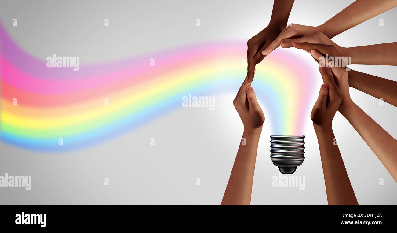 Ispirazione creativa e creatività di squadra pensando insieme come un gruppo eterogeneo di persone che insieme si uniscono a mani in forma di ispirazione. Foto Stock