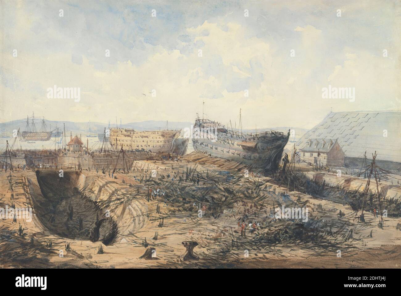 Plymouth Dockyard After the Fire, William Clow, 1812–1908, British, attivo in Francia, 1840, Watercolor, con penna, inchiostro marrone, inchiostro grigio, grafite, gouache e gomma arabica su spessore moderato, leggermente testurizzata, crema, carta wove, foglio: 13 11/16 x 20 7/16 pollici (34.8 x 51.9 cm), costruzione, cantiere, recinto, fuoco, legname, base militare, base navale, ufficiali (ufficiali militari), porto, corda, navi, cantiere, cielo, acqua, Devon, Devonport, Inghilterra, Plymouth, Regno Unito Foto Stock
