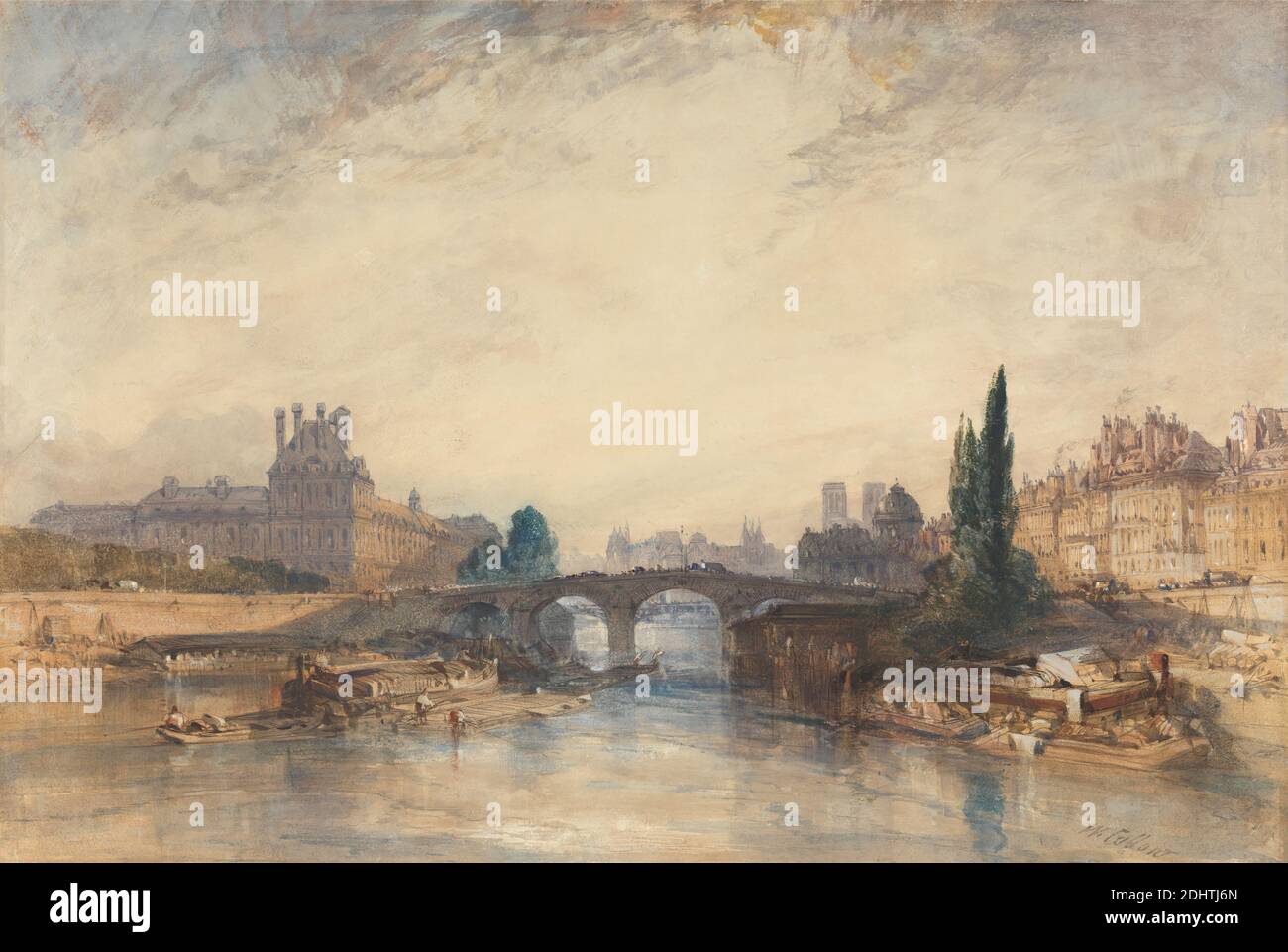 Vista del Pont Royal, William Crallow, 1812–1908, inglese, attivo in Francia, ca. 1833, inchiostro acquerello, penna e marrone, inchiostro grigio, grafite e gouache su carta di spessore moderato, testurizzata leggermente, crema, carta di wove, foglio: 13 1/4 × 19 13/16 pollici (33.7 × 50.3 cm), soggetto architettonico, architettura, barche, ponte (lavori costruiti), edifici, camini (elementi architettonici), paesaggio urbano, figure, museo, fiume, cielo, alberi, acqua, Francia, Musée du Louvre, Parigi, Pont Royal, Senna Foto Stock