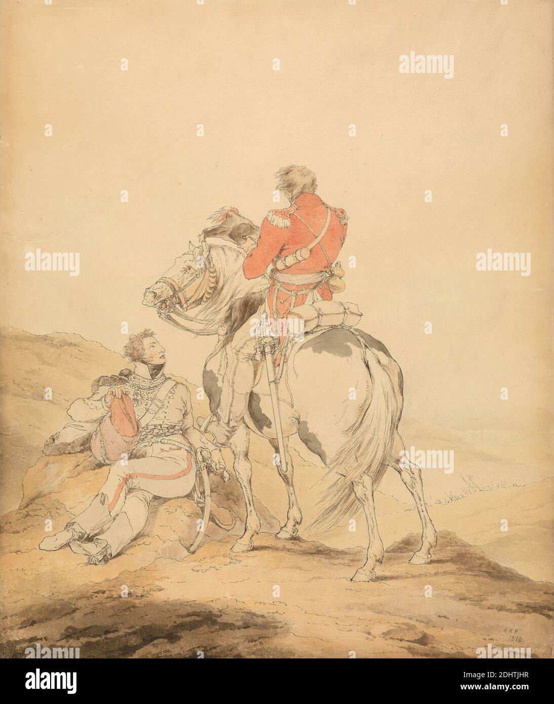 Un ufficiale britannico del personale e un ufficiale di Hussars, Sir Robert Kerr Porter, 1777–1842, britannico, 1810, acquerello e penna e inchiostro nero su carta media, leggermente testurizzata, crema di wove, foglio: 17 3/8 × 14 5/8 pollici (44.1 × 37.1 cm), cavalli (animali), arte militare, ufficiali (ufficiali militari Foto Stock