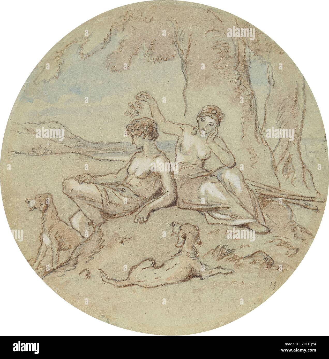 Uno dei diciotto disegni per una serie di piatti che illustrano Venus e Adonis, Hablot Knight Browne, 1815–1882, inglese, non satinato, grafite, gesso marrone, acquerello e gouache su carta media, leggermente testurizzata, wove grigia, foglio: 6 5/8 × 6 5/8 pollici (16.8 × 16.8 cm), cani da caccia, paesaggio, amanti, reclinazione, soggetto religioso e mitologico Foto Stock
