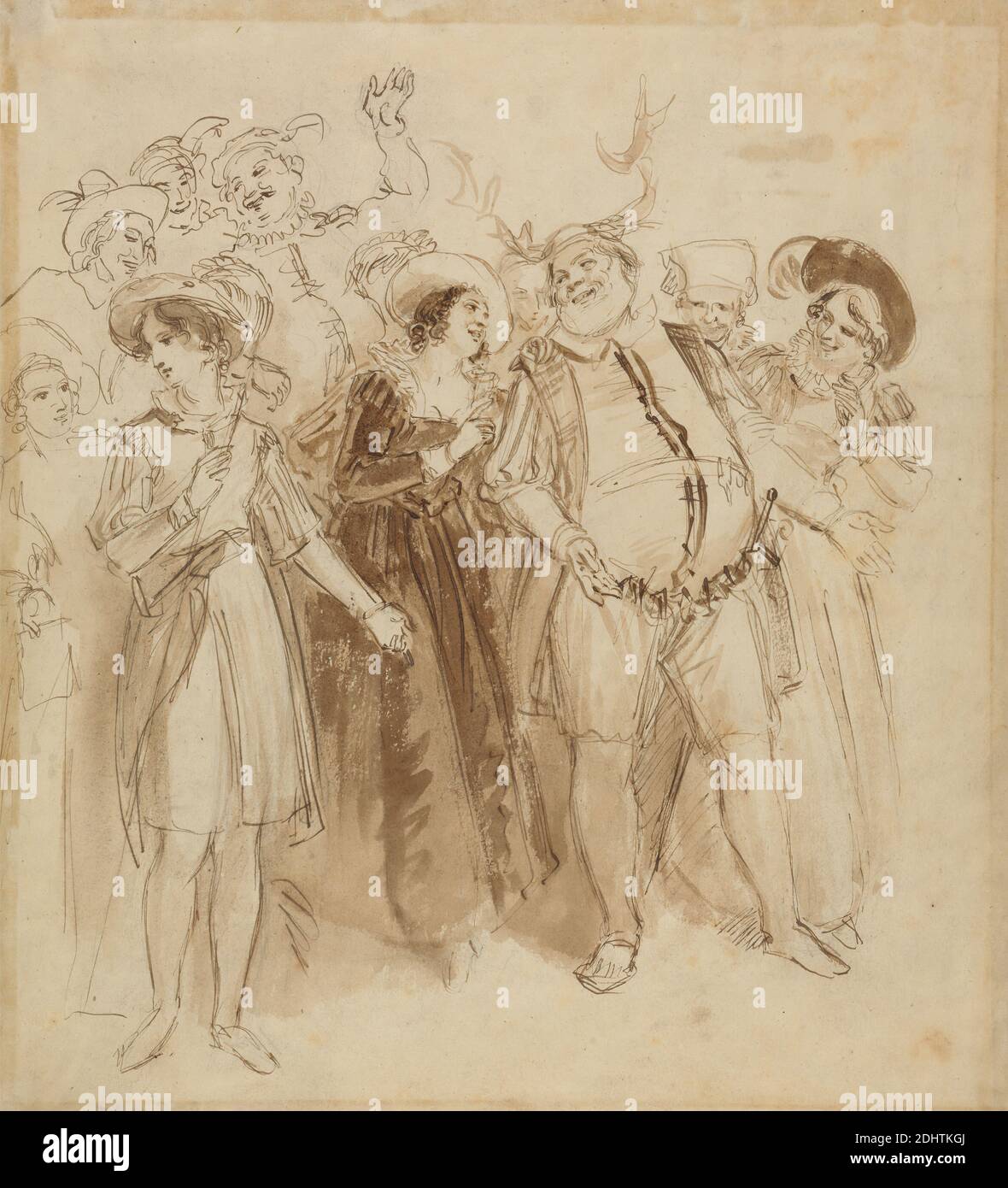 Falstaff travestito da Herne, John Massey Wright, 1777–1866, inglese, non satinato, lavaggio marrone e grafite con inchiostro penna e marrone su carta media, leggermente testurizzata, in wove crema, foglio: 11 3/8 x 10 3/16 pollici (28.9 x 25.8 cm), antlers, braghe, celebrazione, collari, doppiette, abiti, fate, studio delle figure, foresta, gesturing, cappelli, ridere, tema letterario, uomini, obesi, gioco, giochi di William Shakespeare, plumi, ruffs, staff, calze, spada, le mogli allegre di Windsor, gioco di William Shakespeare, boschi, donne Foto Stock