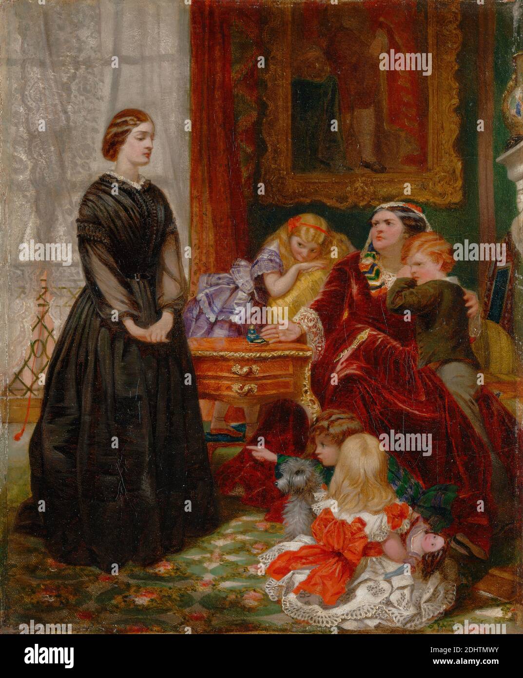 La governante, Emily Mary Osborn, 1828–1925, British, 1860, Oil on Canvas, Support (PTG): 13 3/4 x 11 1/2 pollici (34.9 x 29.2 cm), arte, ragazzi, bambini, contrasto, cane (animale), bambole, educato, educatore, camino, arredamento, gesto, ragazze, capelli, capezzolo, madre, pittura (lavoro visivo), dipinti, puntamento, nastro, satira, tavolo, insegnante, insegnamento, giocattoli, tutor, velluto, ricchezza, finestra Foto Stock