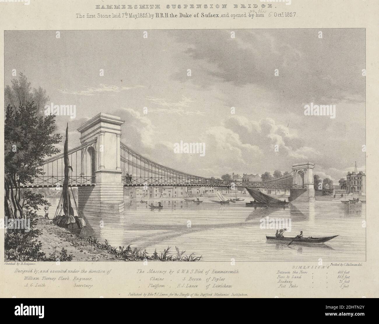 Hammersmith Suspension Bridge, la prima pietra posata il 7 maggio 1825 da S.R.H. il Duca di Sussex, e aperta da lui, il 1827 ottobre, Charles J. Hullmandel, 1789–1850, britannico, dopo Richard Redgrave, 1804–1888, britannico, 1827, litografia Foto Stock