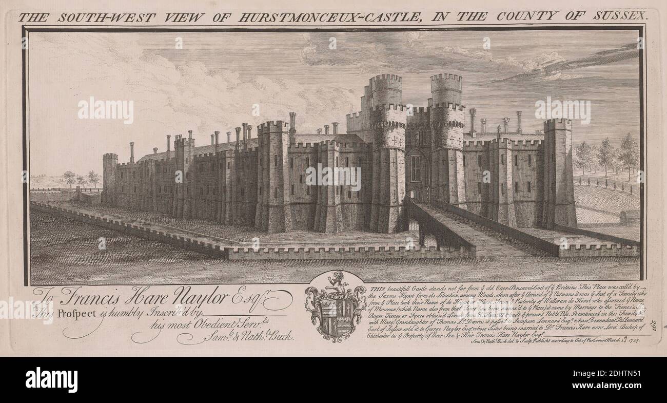 La vista sud-ovest del castello di Hertsmonceux nella contea di Sussex, Samuel Buck, 1696–1779, britannico, e Nathaniel Buck, attivo 1727–1753, 1737, incisione con grafite su carta leggermente testurizzata, media, crema, foglio: 10 5/8 × 16 3/4 pollici (27 × 42.5 cm), piatto: 7 1/2 × 14 1/2 pollici (19.1 × 36.8 cm), e immagine: 7 1/2 × 14 1/2 pollici (19.1 × 36.8 cm), soggetto architettonico, castello, vista esterna, casa, Sussex orientale, Inghilterra, Europa, Herstmonceux, Regno Unito Foto Stock