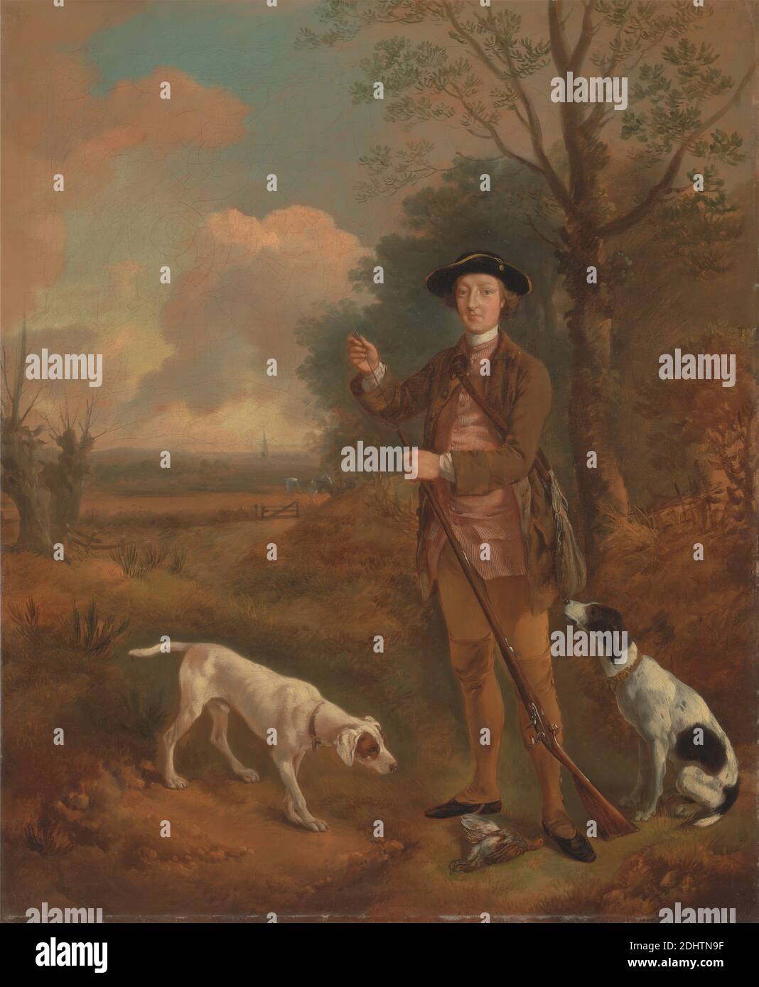 Major John Dade, di Tannington, Suffolk, Thomas Gainsborough RA, 1727–1788, inglese, ca. 1755, olio su tela, supporto (PTG): 30 x 25 1/2 pollici (76.2 x 64.8 cm), animali, costume, paese, cani (animali), cappello, cacciatore, fucili di caccia, ritratto, fucile, stampe sportive, tricorno Foto Stock