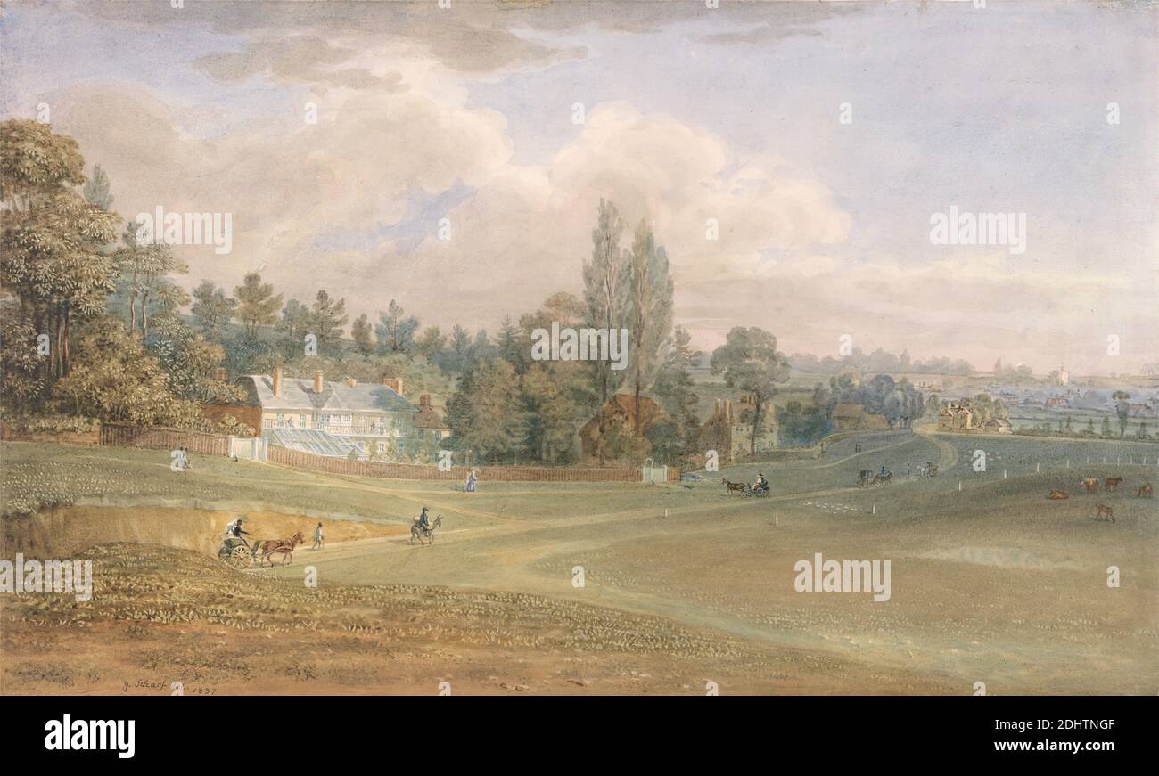 Reigate Heath, George Johann Scharf, 1788–1860, British, 1837, acquerello su grafite media, leggermente testurizzata, carta di wove crema, foglio: 9 1/4 × 15 1/2 pollici (23.5 × 39.4 cm Foto Stock