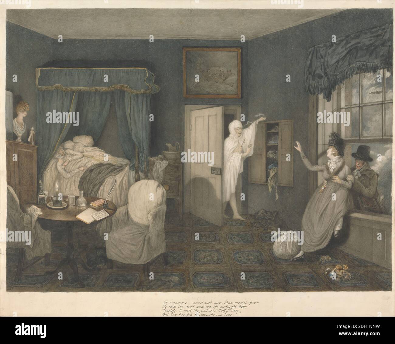 The Spoiled Child, Scene IV, Lewis Vaslet, 1742–1808, inglese, ca. 1802, acquerello con inchiostro nero e grigio su grafite di spessore moderato, leggermente testurizzato, carta di wove crema, foglio: 15 1/2 × 19 1/8 pollici (39.4 × 48.6 cm) e immagine: 13 5/8 × 18 5/8 pollici (34.6 × 47.3 cm), pipistrello (animale), letto (mobili), camera da letto, sangue, busto, candela, baldacchino, gatto (gatto domestico), sedie, cappotto, armadio, figlia, porta, abito, droga, abbraccio, fuga, paura, genere soggetto, gesto, fantasma, tenuta, umorismo, bottiglia d'inchiostro, interno, zaino, agnello, lettere, amore, amanti, lussuria, uomo, miniatura (pittura), luna Foto Stock