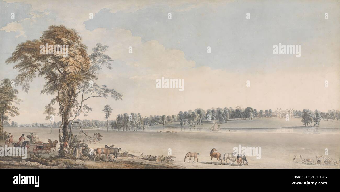 Vista nord-ovest di Wakefield Lodge nella foresta di Whittlebury, Northamptonshire, Paul Sandby RA, 1731–1809, British, 1767, acquerello con penna e inchiostro grigio e tocchi di vernice oro su grafite su carta media, leggermente testurizzata posata su carta spessa, crema, supporto carta wove moderatamente testurizzata, foglio: 16 3/4 x 33 1/4 pollici (42.5 x 84.5 cm) e supporto: 19 7/8 x 36 pollici (50.5 x 91.4 cm), barca, carrozza, bestiame, bestiame, nuvole, figure, foresta, paesaggio, uomini, nord, fiume, barca a vela, cielo, alberi, ovest, donne, Europa, Northamptonshire, Regno Unito, Whittlebury Foto Stock