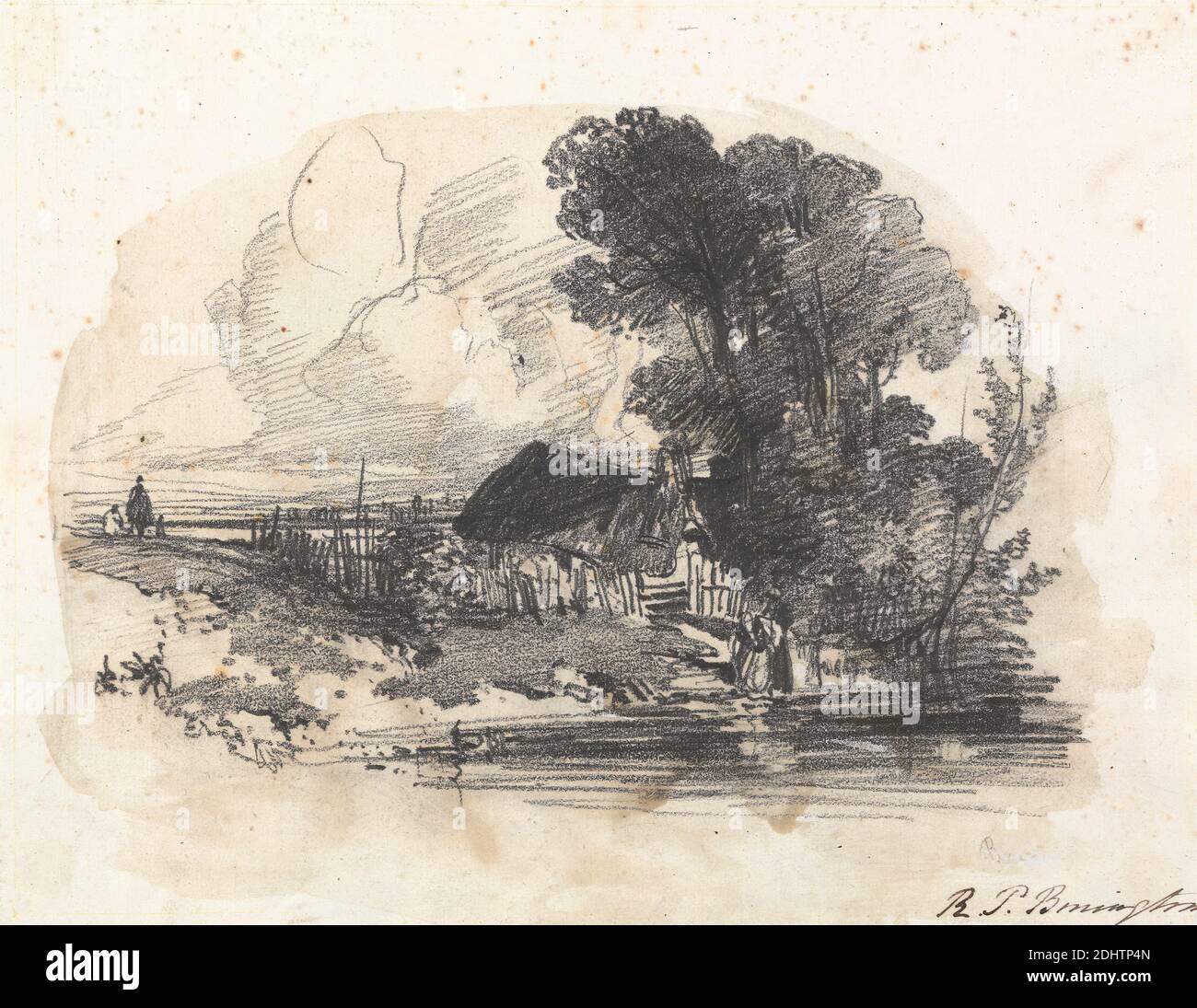 Alberi e un cottage di un fiume, Richard Parkes Bonington, 1802–1828, British, 1827, gesso nero e gomma su carta media, crema, wove liscia montata su carta media, grigia, wove liscia, foglio: 6 1/4 x 8 1/8 pollici (15.9 x 20.6 cm) e supporto: 9 3/8 x 11 1/2 pollici (23.8 x 29.2 cm), cottage, figure, paesaggio, fiume, alberi Foto Stock