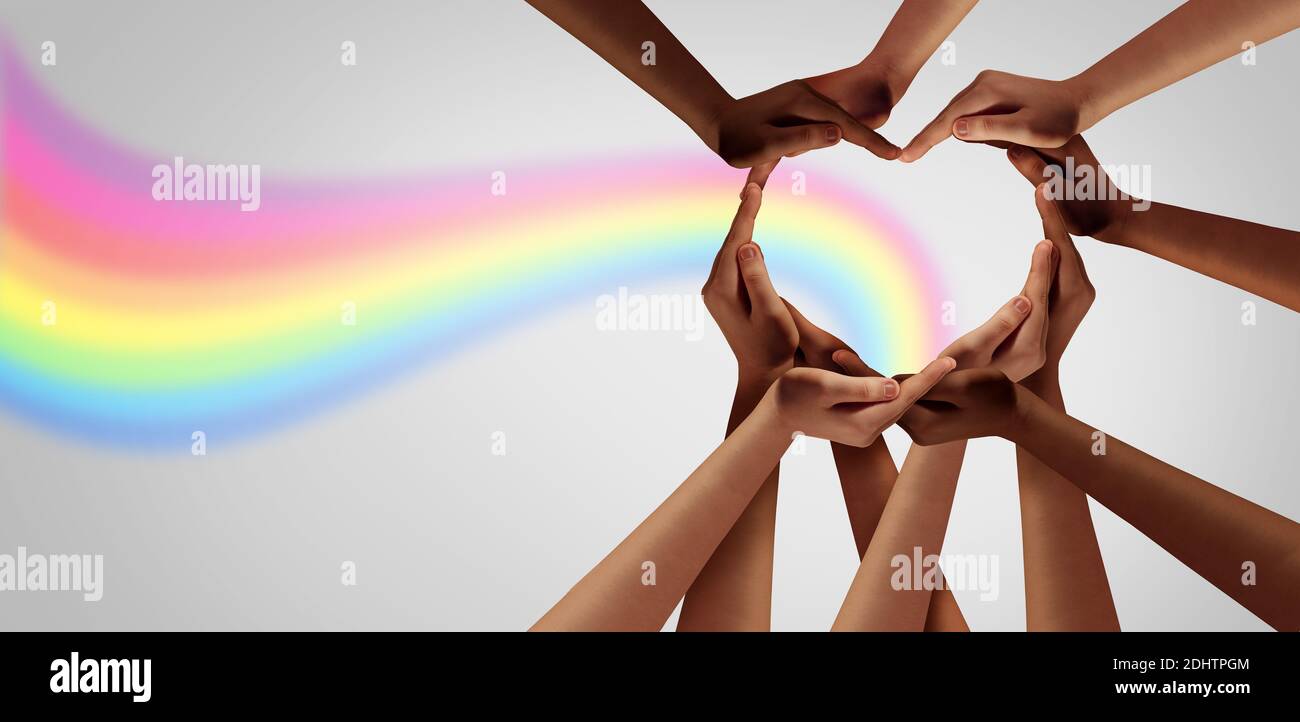 Unità di idee ispiratrici e team creativo per la creatività pensando insieme come un gruppo diverso di persone insieme unire le mani nella forma. Foto Stock