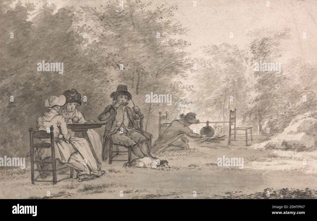 The picnic, attribuito a Sir George Howland Beaumont settimo Baronet, 1753–1827, britannico, non satinato, Gray wash su medio, leggermente testurizzato, carta di wove crema, foglio: 6 1/2 × 10 1/8 pollici (16.5 × 25.7 cm), sedie, cane (animale), figure (rappresentazioni), genere soggetto, uomini, pic-nic, alberi, donne Foto Stock